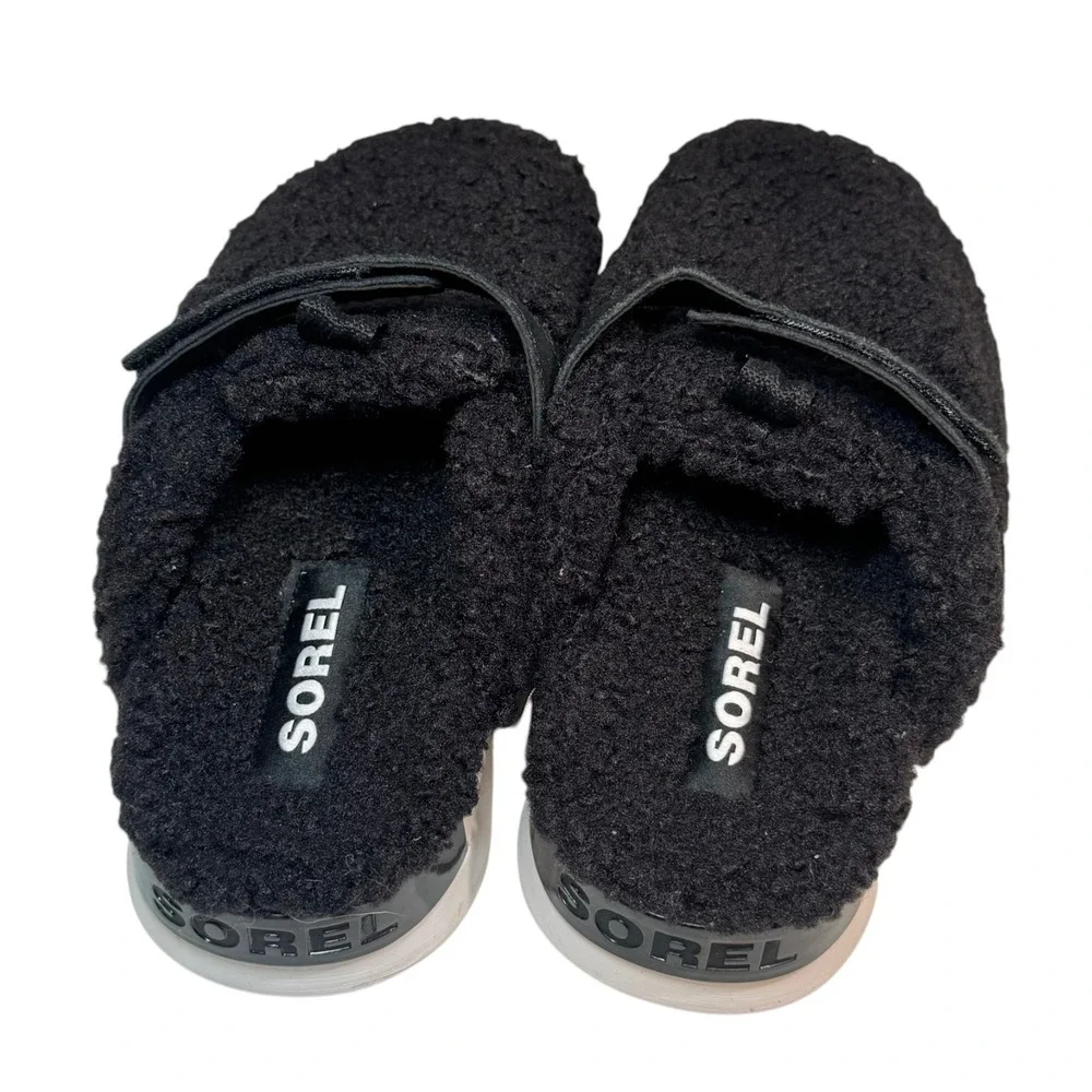 Sorel Viibe Cozy Clogs Women's Black/Sea Salt Faux Fur Comfort Slip On - 9.5 NEW